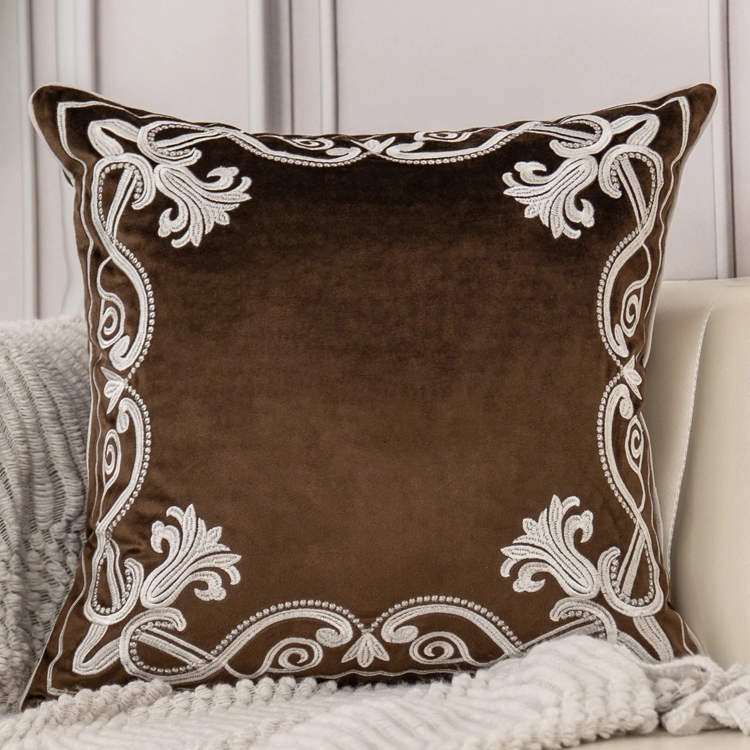 Luxury Embroidered Velvet Cushion Cover Navy Blue Brown Gray Clean Vanilla Store