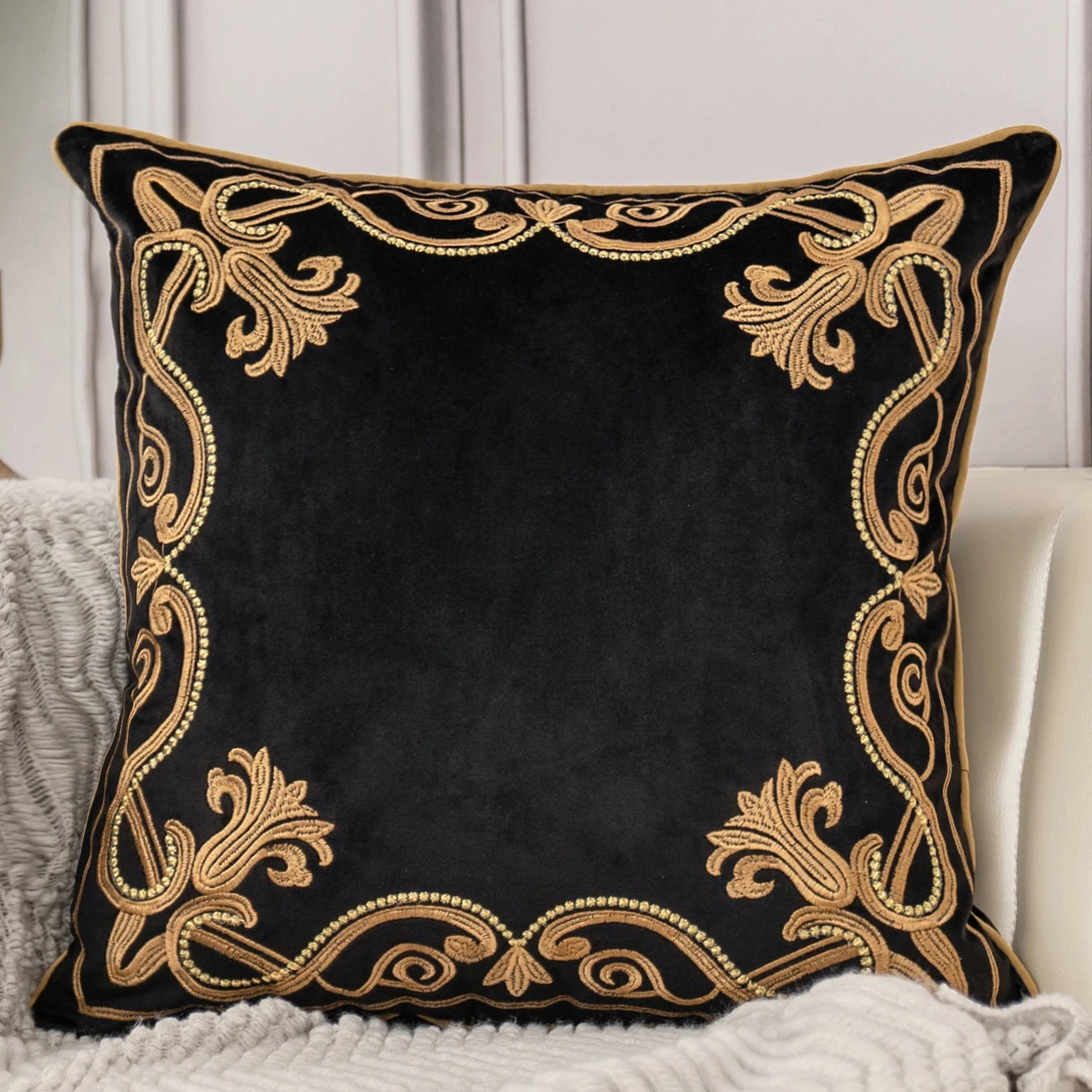 Luxury Embroidered Velvet Cushion Cover Navy Blue Brown Gray Clean Vanilla Store