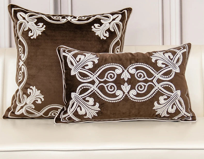 Luxury Embroidered Velvet Cushion Cover Navy Blue Brown Gray Clean Vanilla Store