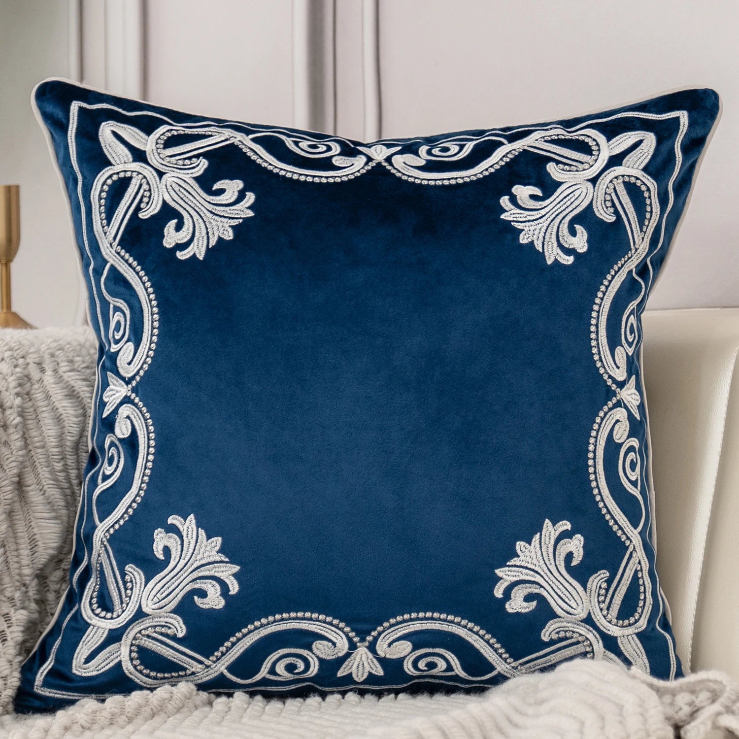 Luxury Embroidered Velvet Cushion Cover Navy Blue Brown Gray Clean Vanilla Store