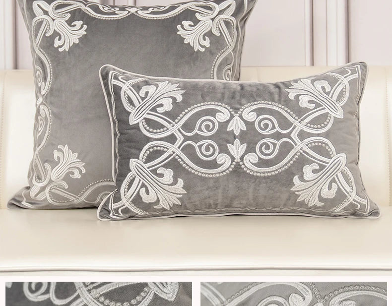 Luxury Embroidered Velvet Cushion Cover Navy Blue Brown Gray Clean Vanilla Store