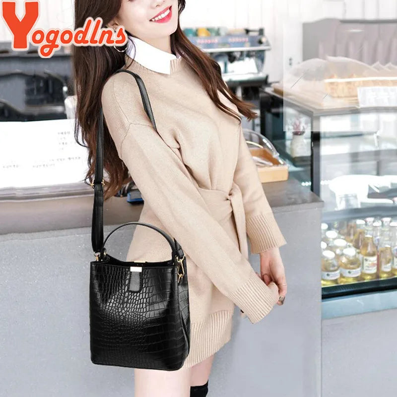 Yogodlns Retro Alligator Bucket Bags for Women Clean Vanilla Store