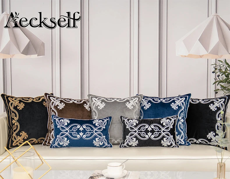 Luxury Embroidered Velvet Cushion Cover Navy Blue Brown Gray Clean Vanilla Store