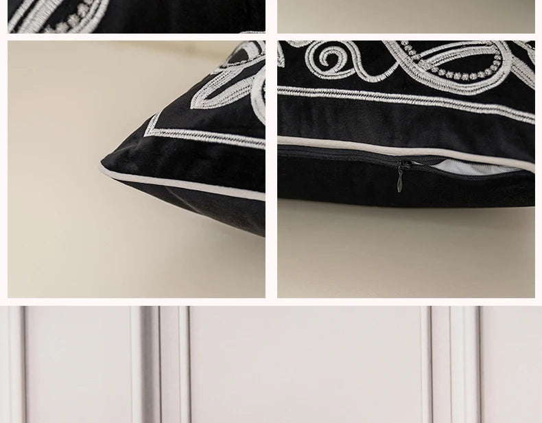 Luxury Embroidered Velvet Cushion Cover Navy Blue Brown Gray Clean Vanilla Store