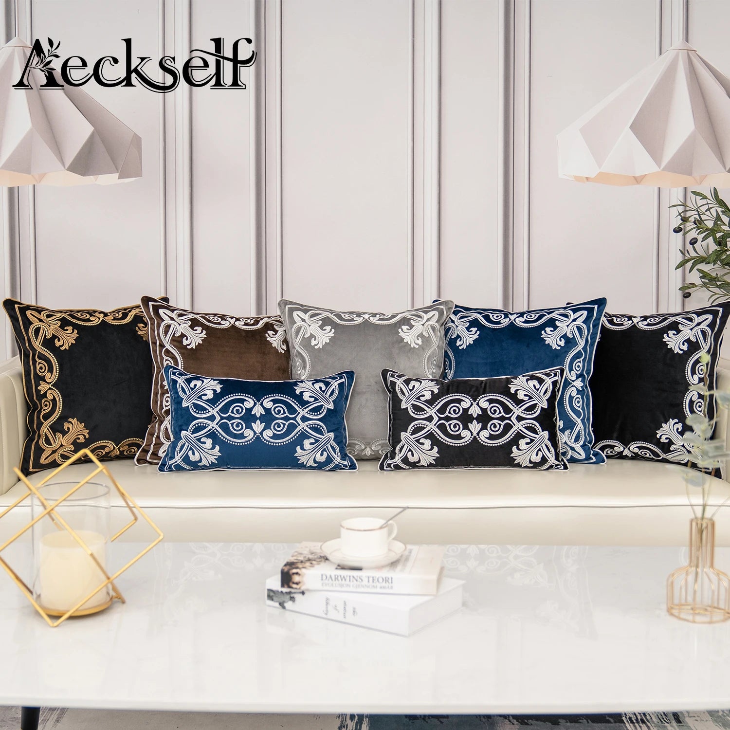 Luxury Embroidered Velvet Cushion Cover Navy Blue Brown Gray Clean Vanilla Store
