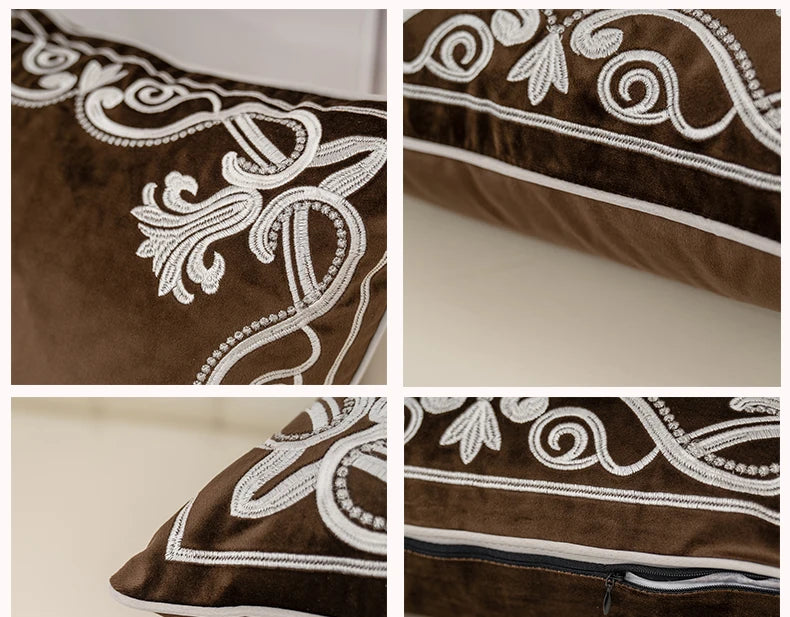 Luxury Embroidered Velvet Cushion Cover Navy Blue Brown Gray Clean Vanilla Store