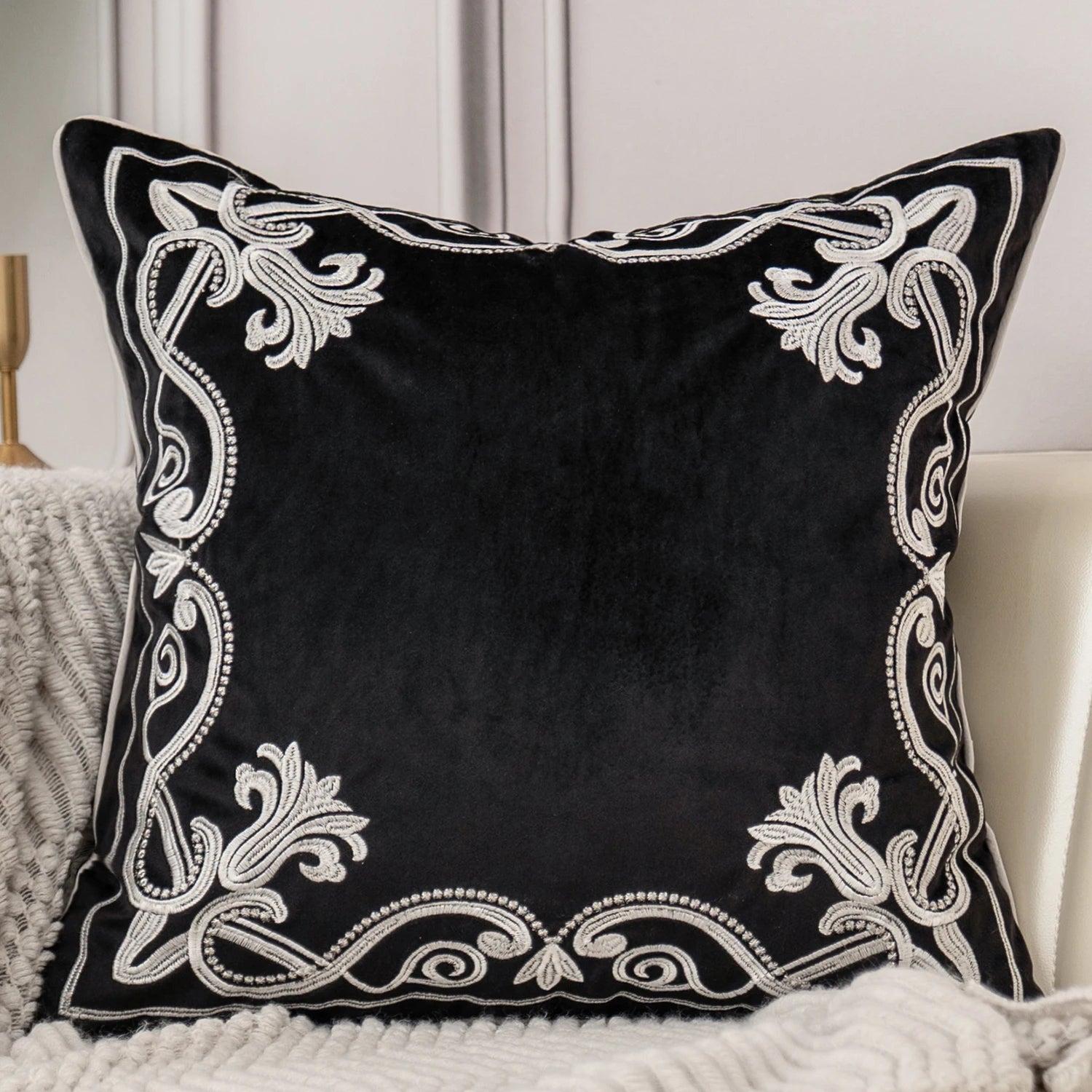 Luxury Embroidered Velvet Cushion Cover Navy Blue Brown Gray Clean Vanilla Store
