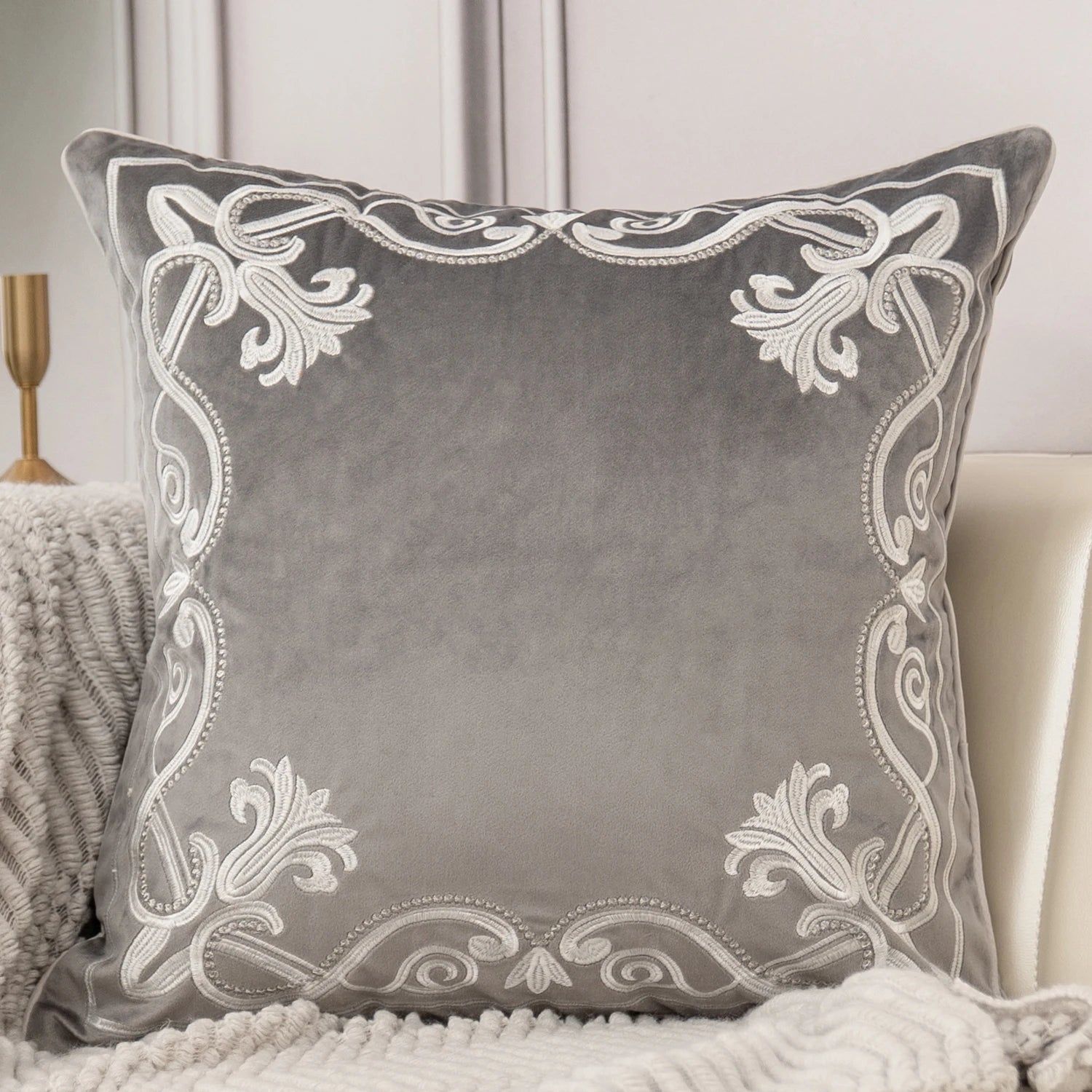 Luxury Embroidered Velvet Cushion Cover Navy Blue Brown Gray Clean Vanilla Store