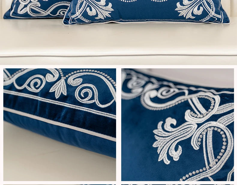 Luxury Embroidered Velvet Cushion Cover Navy Blue Brown Gray Clean Vanilla Store
