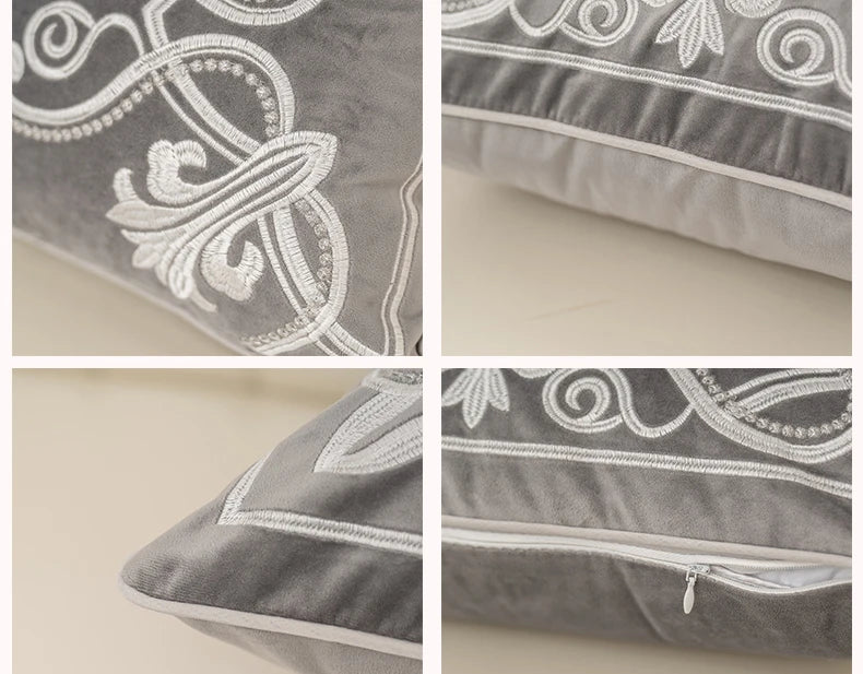 Luxury Embroidered Velvet Cushion Cover Navy Blue Brown Gray Clean Vanilla Store