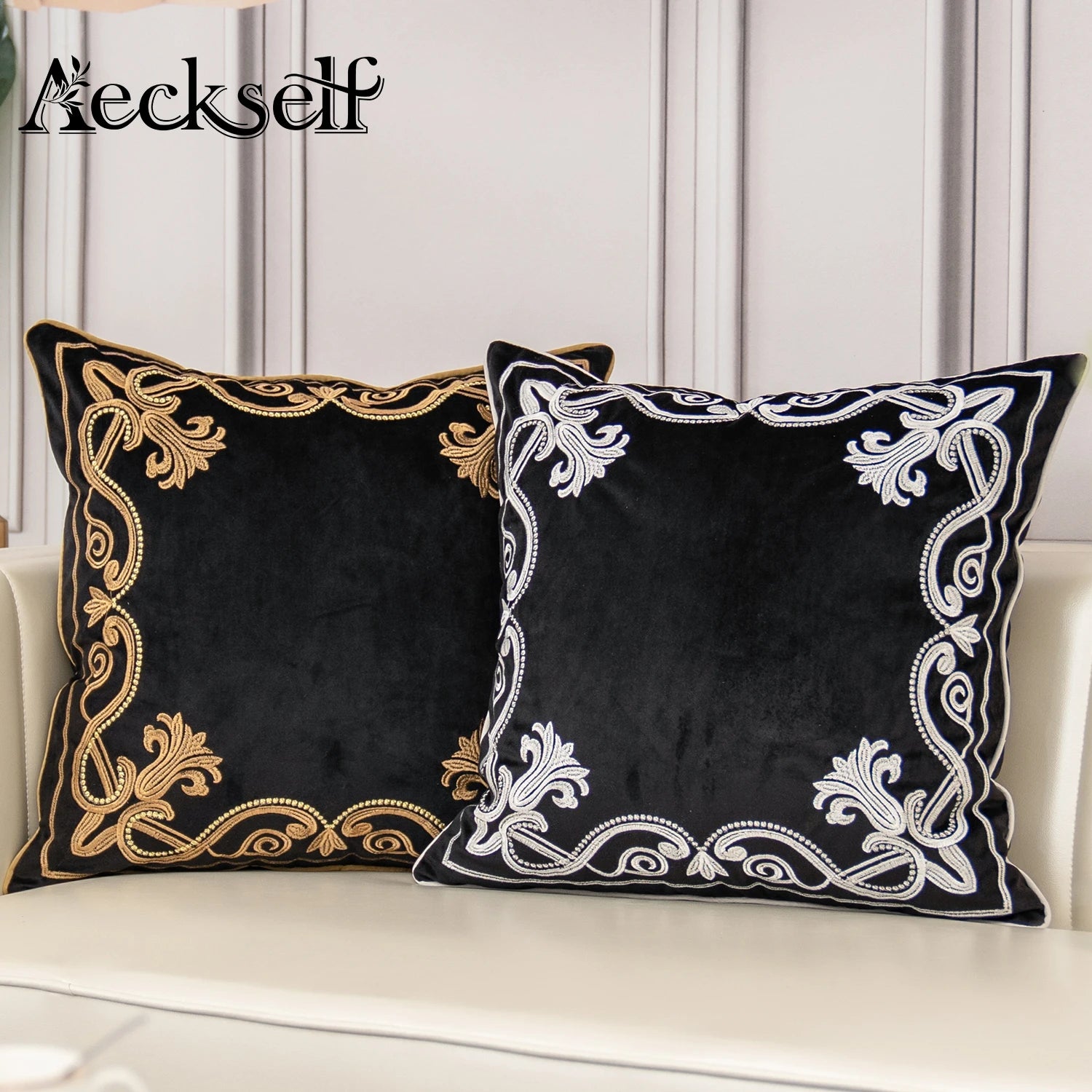 Luxury Embroidered Velvet Cushion Cover Navy Blue Brown Gray Clean Vanilla Store