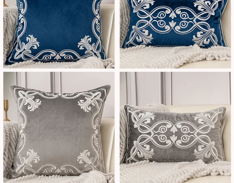 Luxury Embroidered Velvet Cushion Cover Navy Blue Brown Gray Clean Vanilla Store