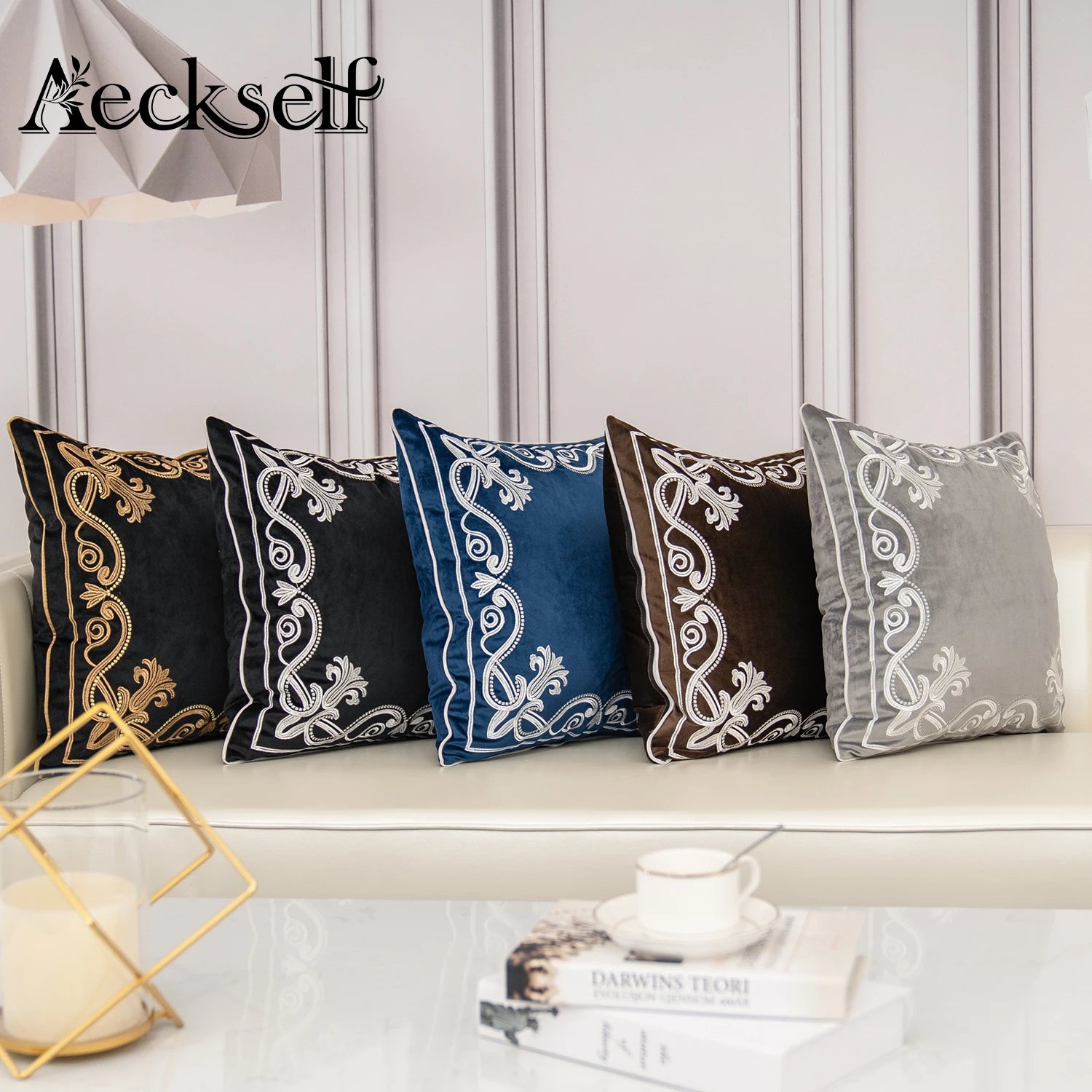 Luxury Embroidered Velvet Cushion Cover Navy Blue Brown Gray Clean Vanilla Store