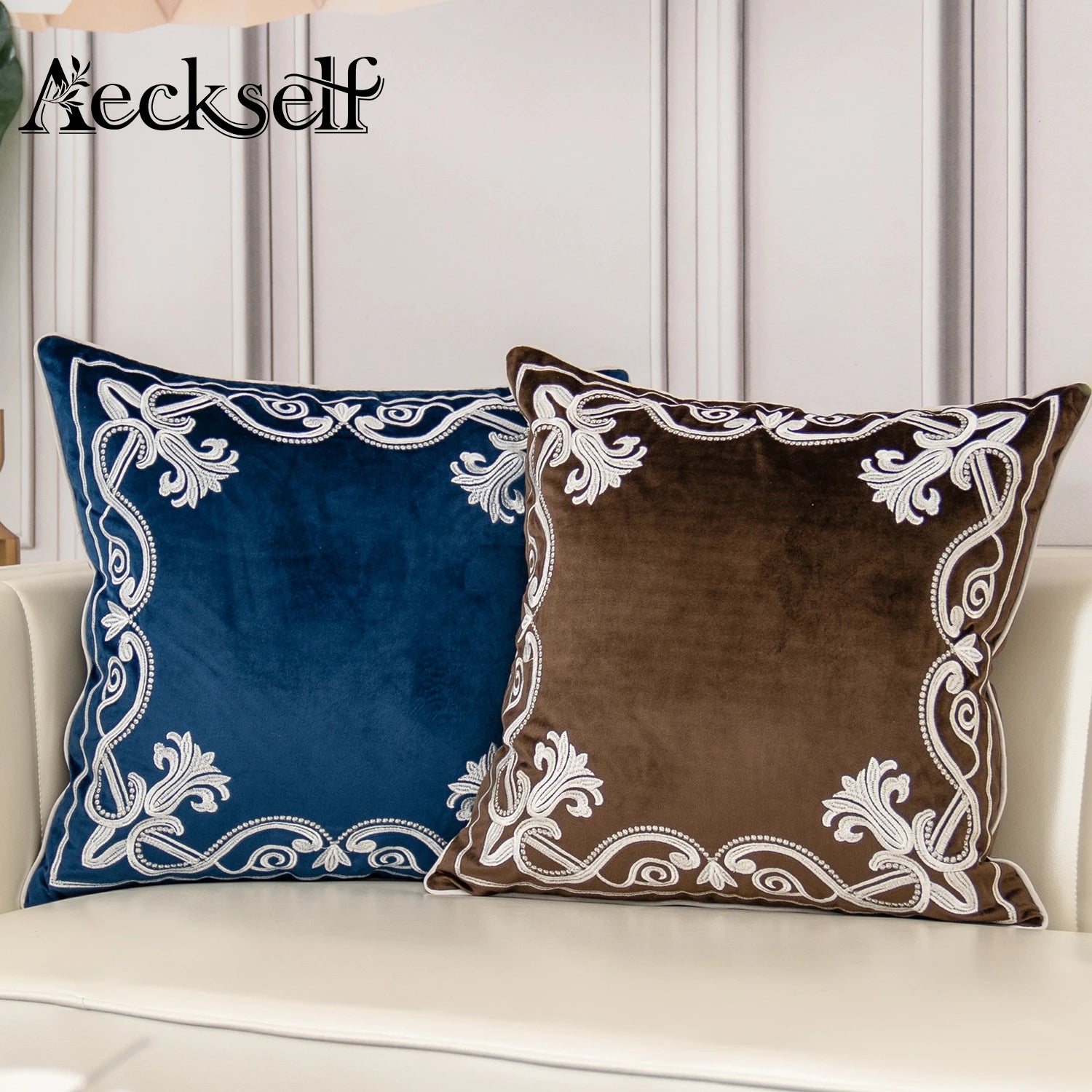 Luxury Embroidered Velvet Cushion Cover Navy Blue Brown Gray Clean Vanilla Store