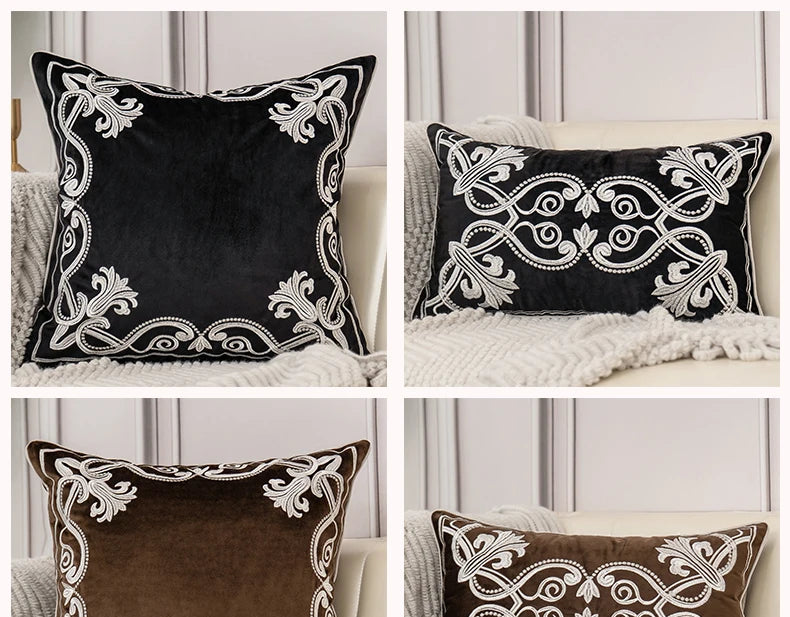 Luxury Embroidered Velvet Cushion Cover Navy Blue Brown Gray Clean Vanilla Store