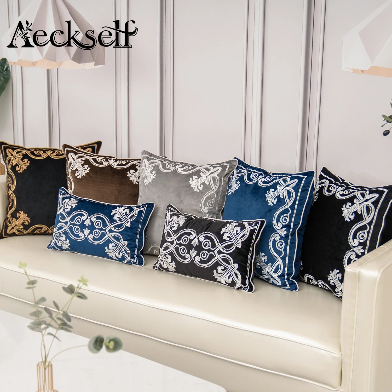 Luxury Embroidered Velvet Cushion Cover Navy Blue Brown Gray Clean Vanilla Store