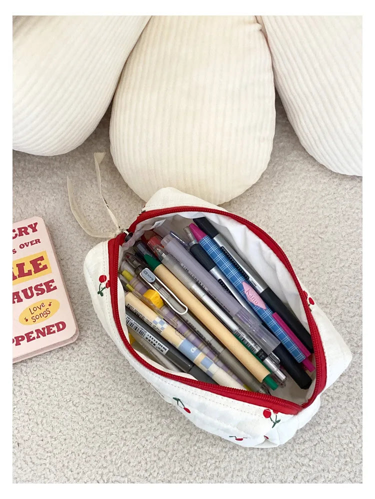 Quilted Cotton Retro Cherry Travel Cosmetic Bag Clean Vanilla Store
