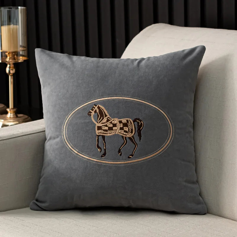 American Hand-Embroidered Cushion Cover Horse Pattern 45cm Clean Vanilla Store