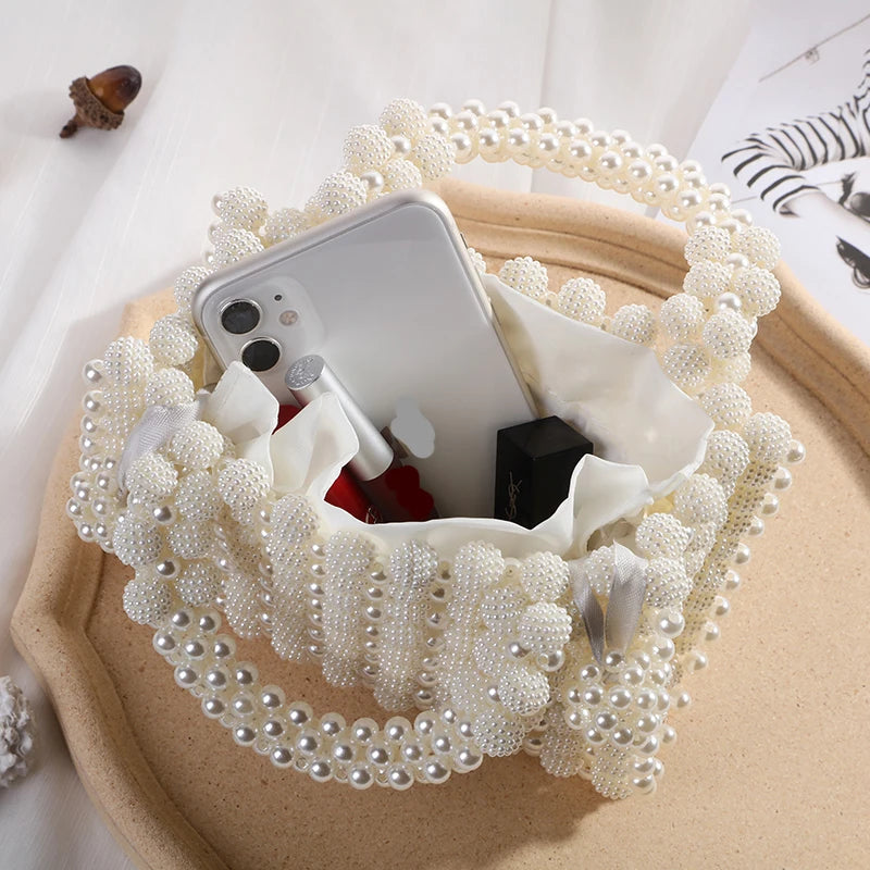 Noble Crystal Beaded Evening Bag with Pearl Chain Clean Vanilla Store