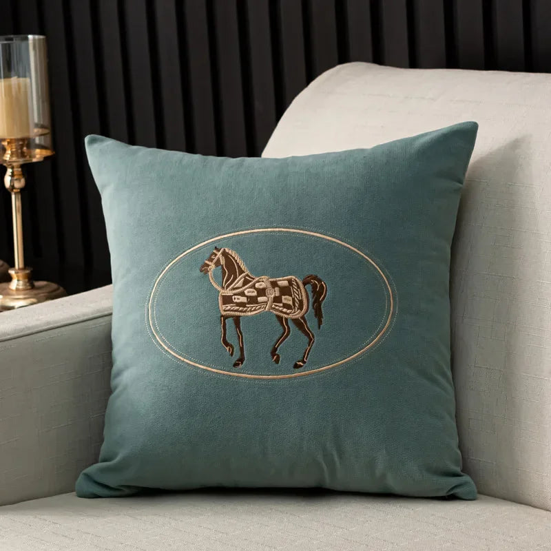 American Hand-Embroidered Cushion Cover Horse Pattern 45cm Clean Vanilla Store