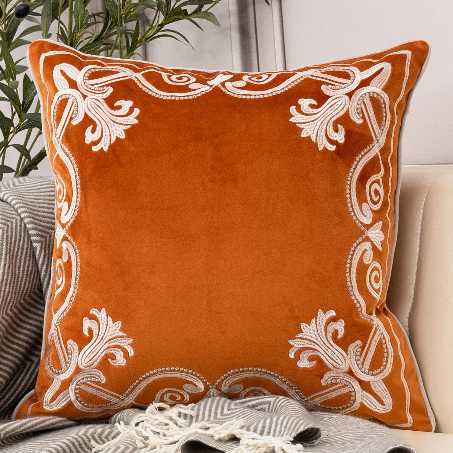 Luxury Embroidered Velvet Cushion Cover Navy Blue Brown Gray Clean Vanilla Store