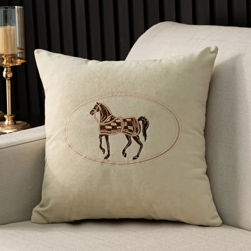 American Hand-Embroidered Cushion Cover Horse Pattern 45cm Clean Vanilla Store