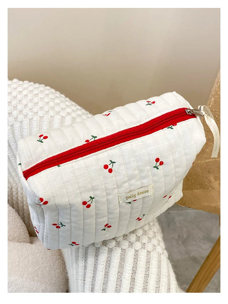Quilted Cotton Retro Cherry Travel Cosmetic Bag Clean Vanilla Store