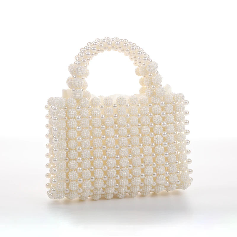 Noble Crystal Beaded Evening Bag with Pearl Chain Clean Vanilla Store