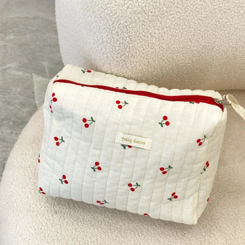 Quilted Cotton Retro Cherry Travel Cosmetic Bag Clean Vanilla Store
