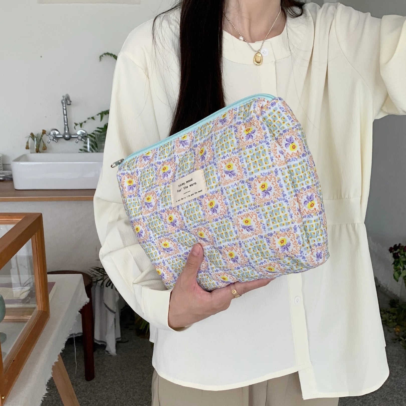 Quilted Cotton Retro Cherry Travel Cosmetic Bag Clean Vanilla Store