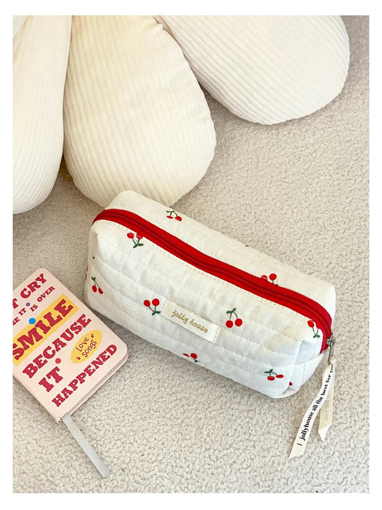Quilted Cotton Retro Cherry Travel Cosmetic Bag Clean Vanilla Store
