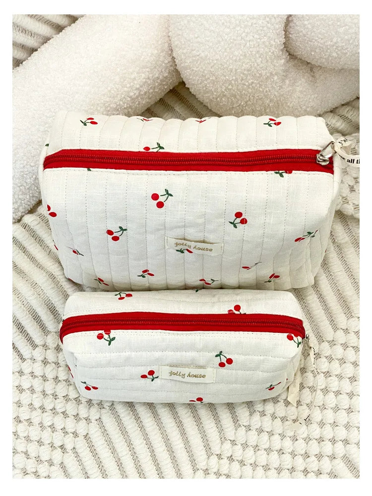 Quilted Cotton Retro Cherry Travel Cosmetic Bag Clean Vanilla Store