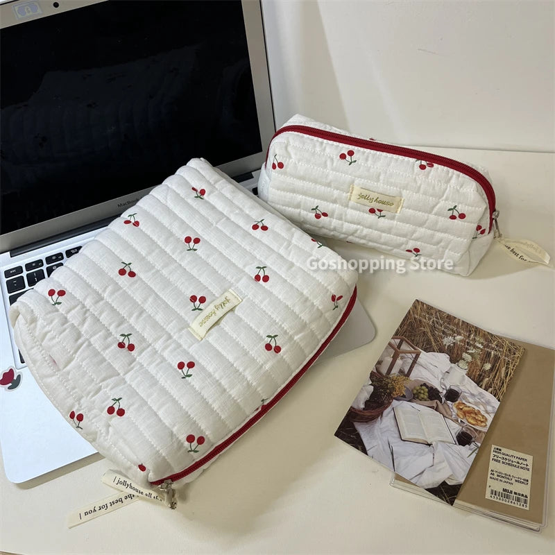 Quilted Cotton Retro Cherry Travel Cosmetic Bag Clean Vanilla Store