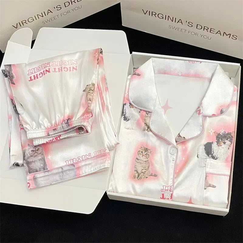 Kawaii Youth Girl's Cute Cat Satin PJs Set Clean Vanilla Store