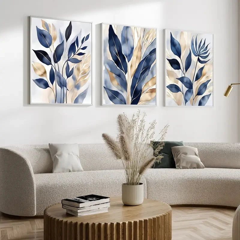 Frameless Blue Light Gold Watercolor Plants Art 3 Pcs Set Clean Vanilla Store