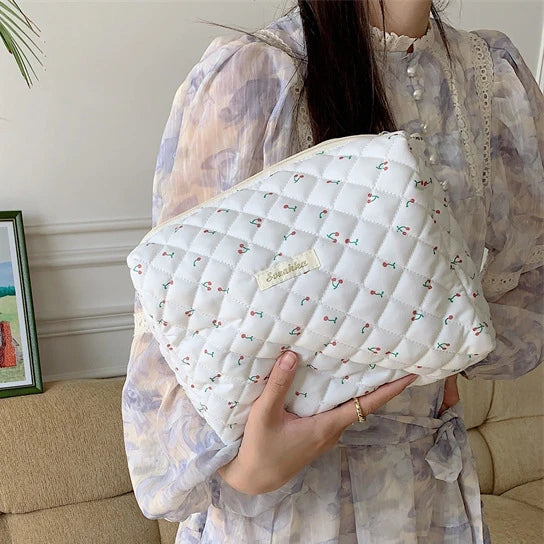 Quilted Cotton Retro Cherry Travel Cosmetic Bag Clean Vanilla Store