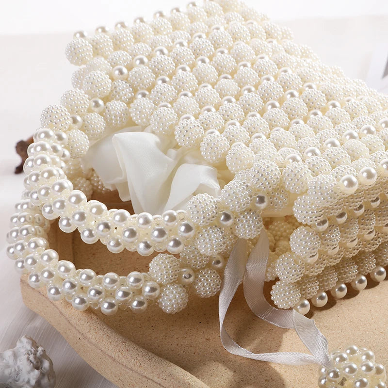 Noble Crystal Beaded Evening Bag with Pearl Chain Clean Vanilla Store