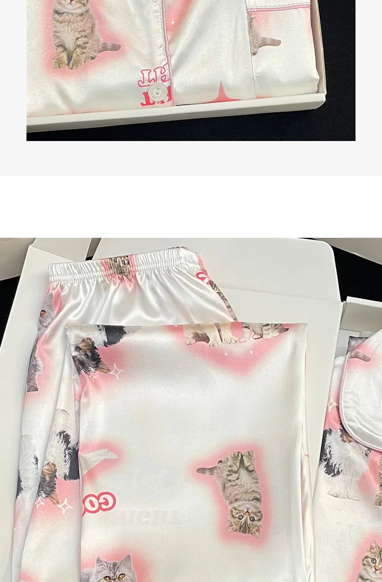 Kawaii Youth Girl's Cute Cat Satin PJs Set Clean Vanilla Store