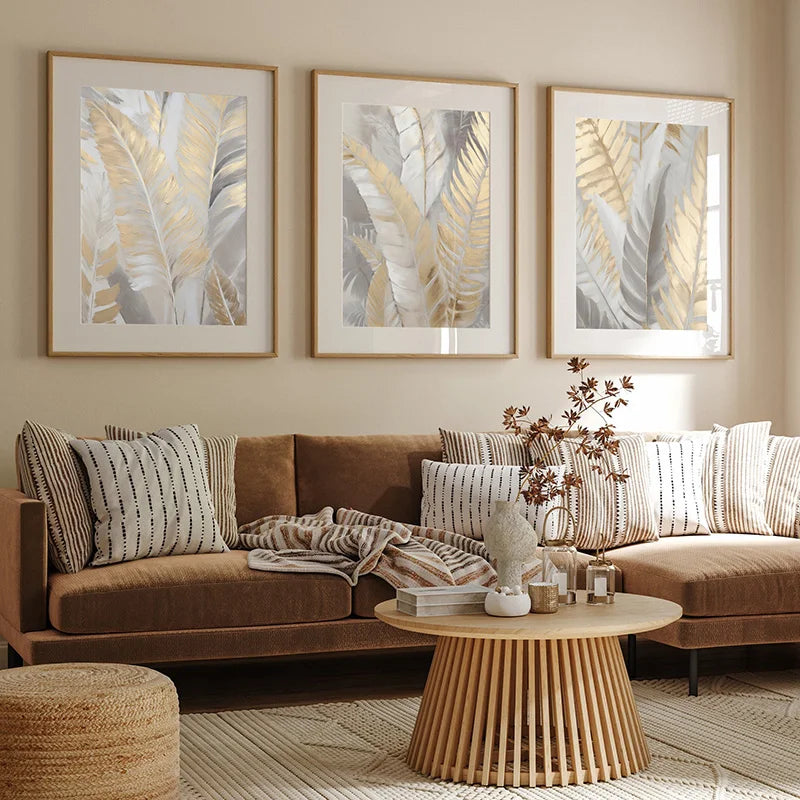Nordic Gold Feather Canvas Painting Abstract Wall Art Clean Vanilla Store