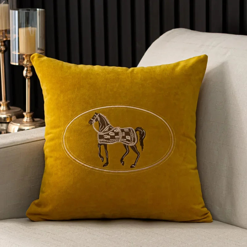 American Hand-Embroidered Cushion Cover Horse Pattern 45cm Clean Vanilla Store