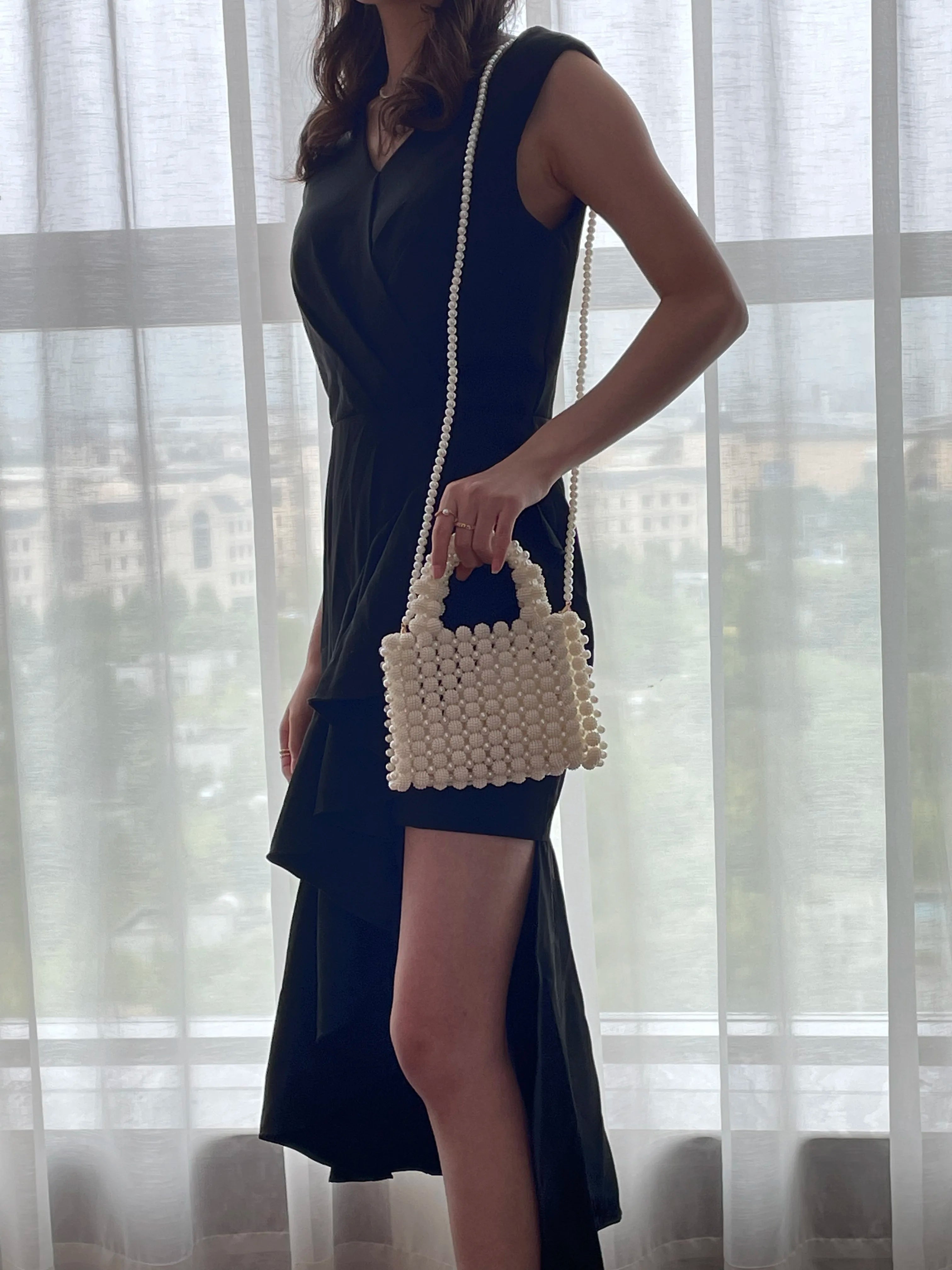 Noble Crystal Beaded Evening Bag with Pearl Chain Clean Vanilla Store