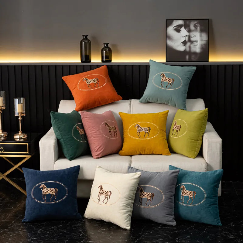 American Hand-Embroidered Cushion Cover Horse Pattern 45cm Clean Vanilla Store