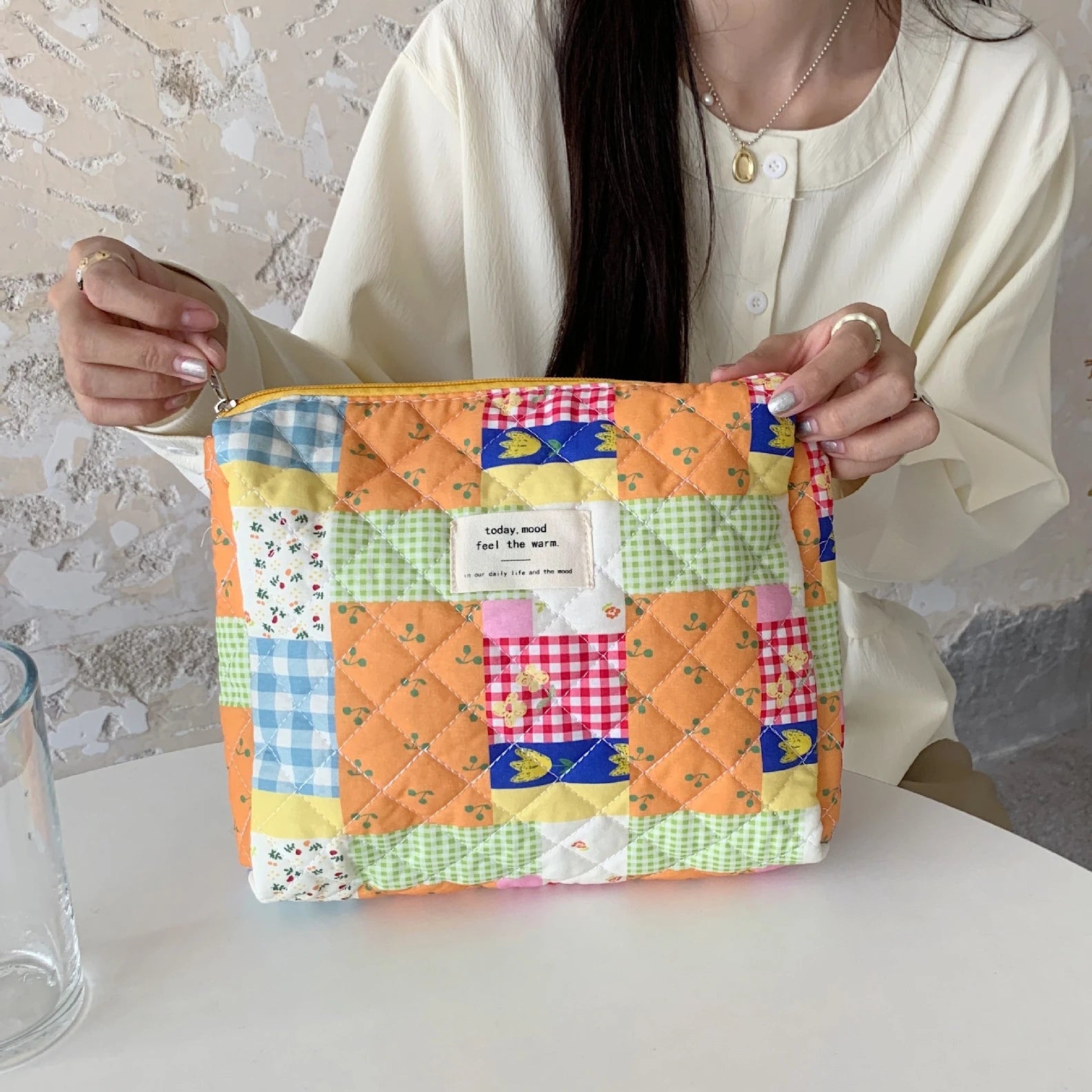 Quilted Cotton Retro Cherry Travel Cosmetic Bag Clean Vanilla Store