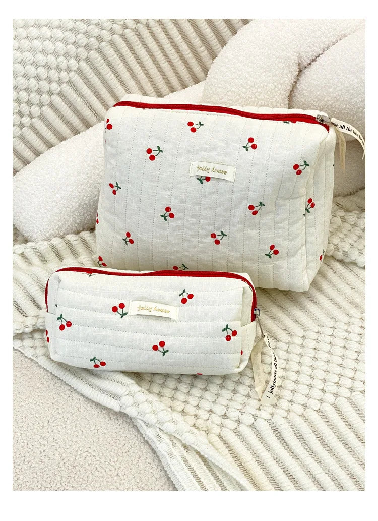Quilted Cotton Retro Cherry Travel Cosmetic Bag Clean Vanilla Store