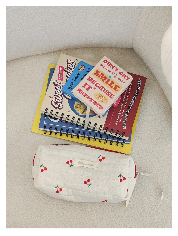 Quilted Cotton Retro Cherry Travel Cosmetic Bag Clean Vanilla Store