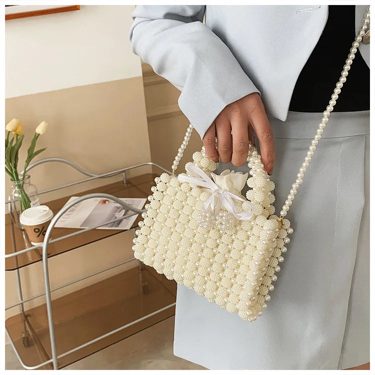 Noble Crystal Beaded Evening Bag with Pearl Chain Clean Vanilla Store