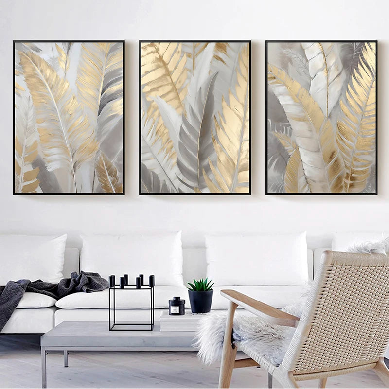 Nordic Gold Feather Canvas Painting Abstract Wall Art Clean Vanilla Store
