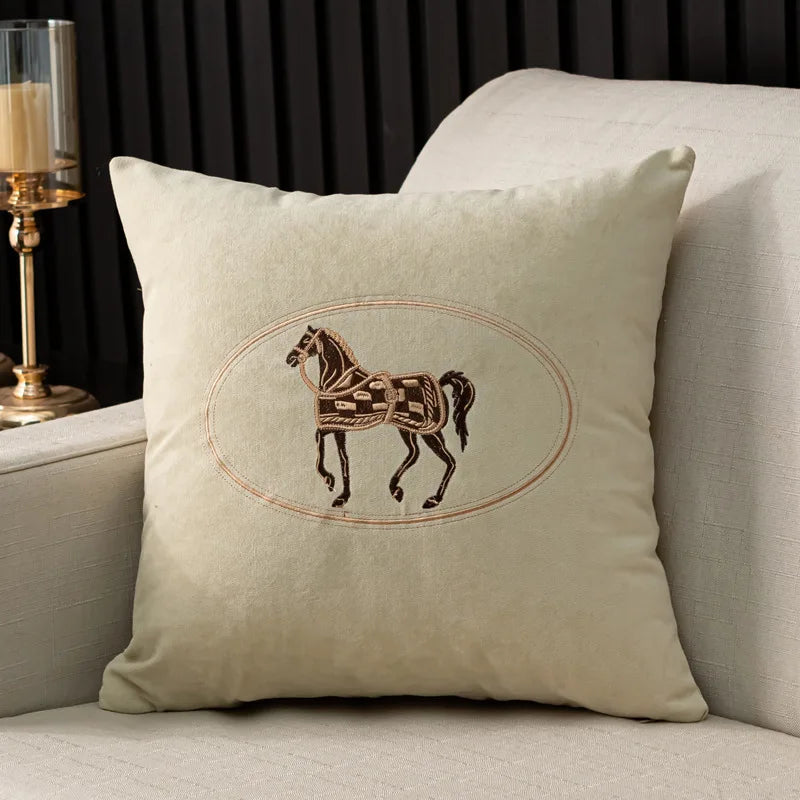 American Hand-Embroidered Cushion Cover Horse Pattern 45cm Clean Vanilla Store