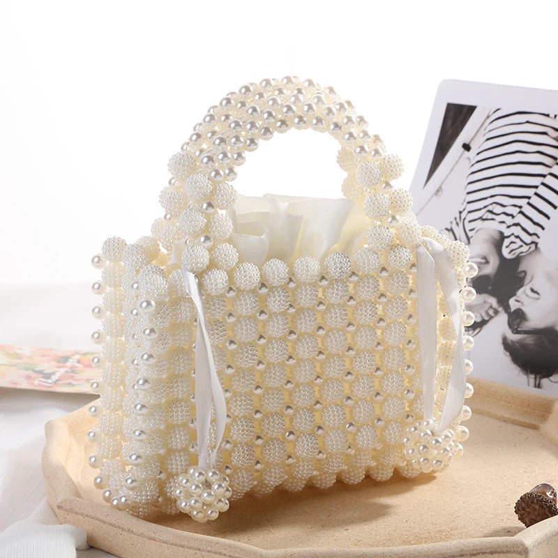 Noble Crystal Beaded Evening Bag with Pearl Chain Clean Vanilla Store