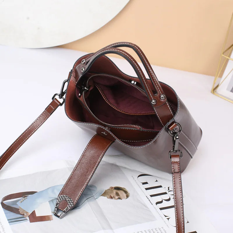Real Oil Wax Leather Women's Bucket Bag - Large Capacity Clean Vanilla Store
